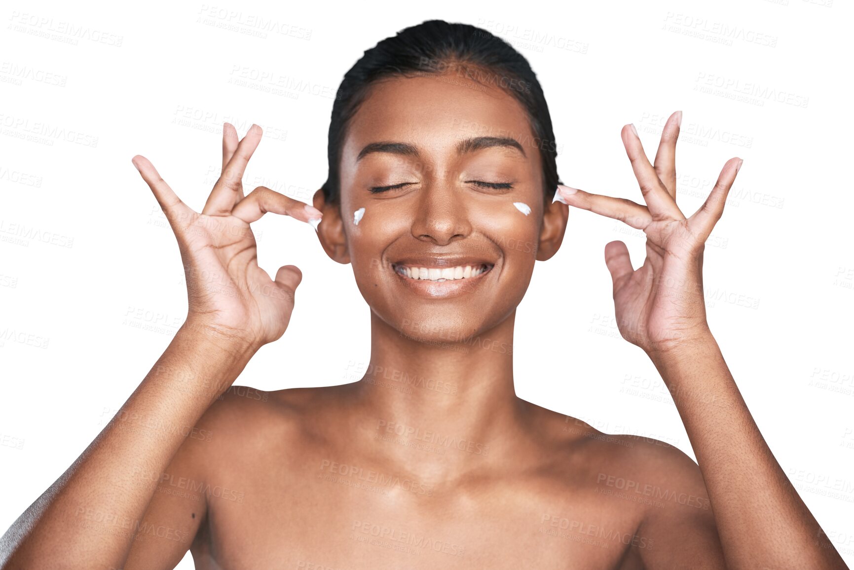 Buy stock photo Happy woman, face and lotion for skincare, beauty or cosmetics isolated on a transparent PNG background. Calm female person or model smile with cream, SPF or moisturizer for soft skin, shine or glow
