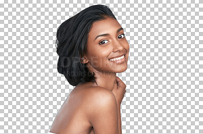Buy stock photo Isolated woman, skincare and portrait with wellness, skin or natural glow with beauty by transparent png background. Girl, model and person for cosmetics, change and transformation for aesthetic