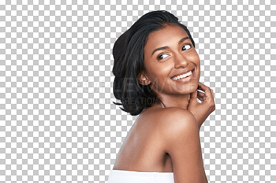 Buy stock photo Isolated woman, skincare and thinking with smile, glow and back for results with beauty by transparent png background. Girl, model and person for cosmetic change, natural transformation and aesthetic