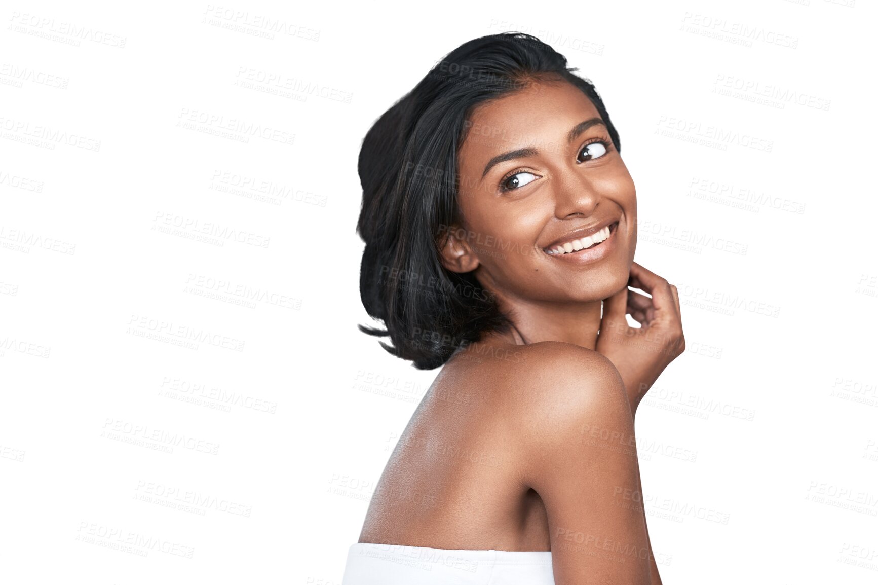 Buy stock photo Isolated woman, skincare and thinking with smile, glow and back for results with beauty by transparent png background. Girl, model and person for cosmetic change, natural transformation and aesthetic