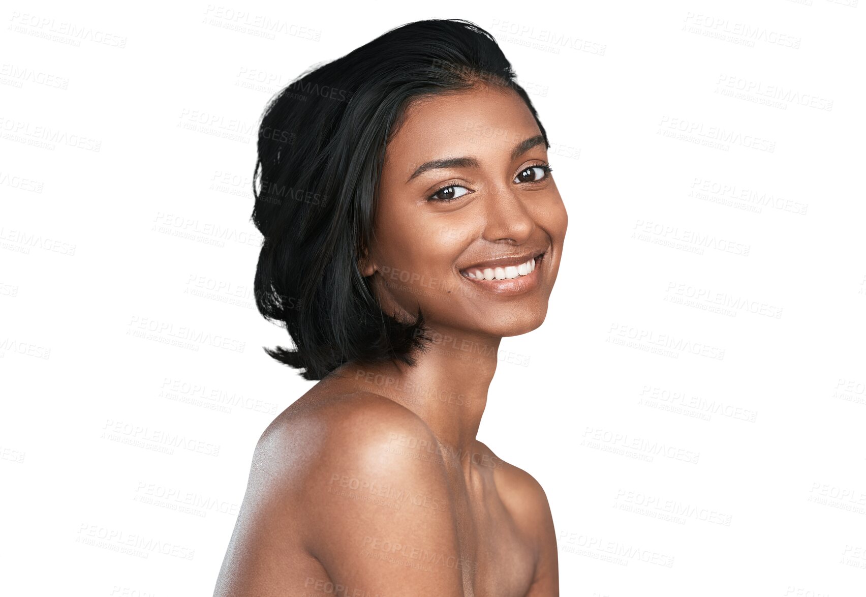 Buy stock photo Beauty portrait, happiness and woman skincare wellness, facial self care treatment and anti aging routine. Skin collagen, face makeup and cosmetics model smile isolated on transparent, png background