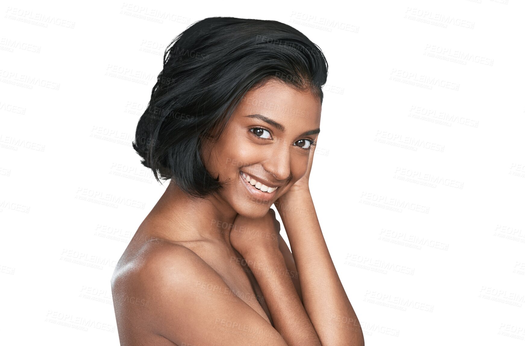 Buy stock photo Hair care, woman and portrait with smile for beauty and cosmetics isolated on png transparent background. Indian person, face and happy for skincare, treatment and collagen with confidence and glow 