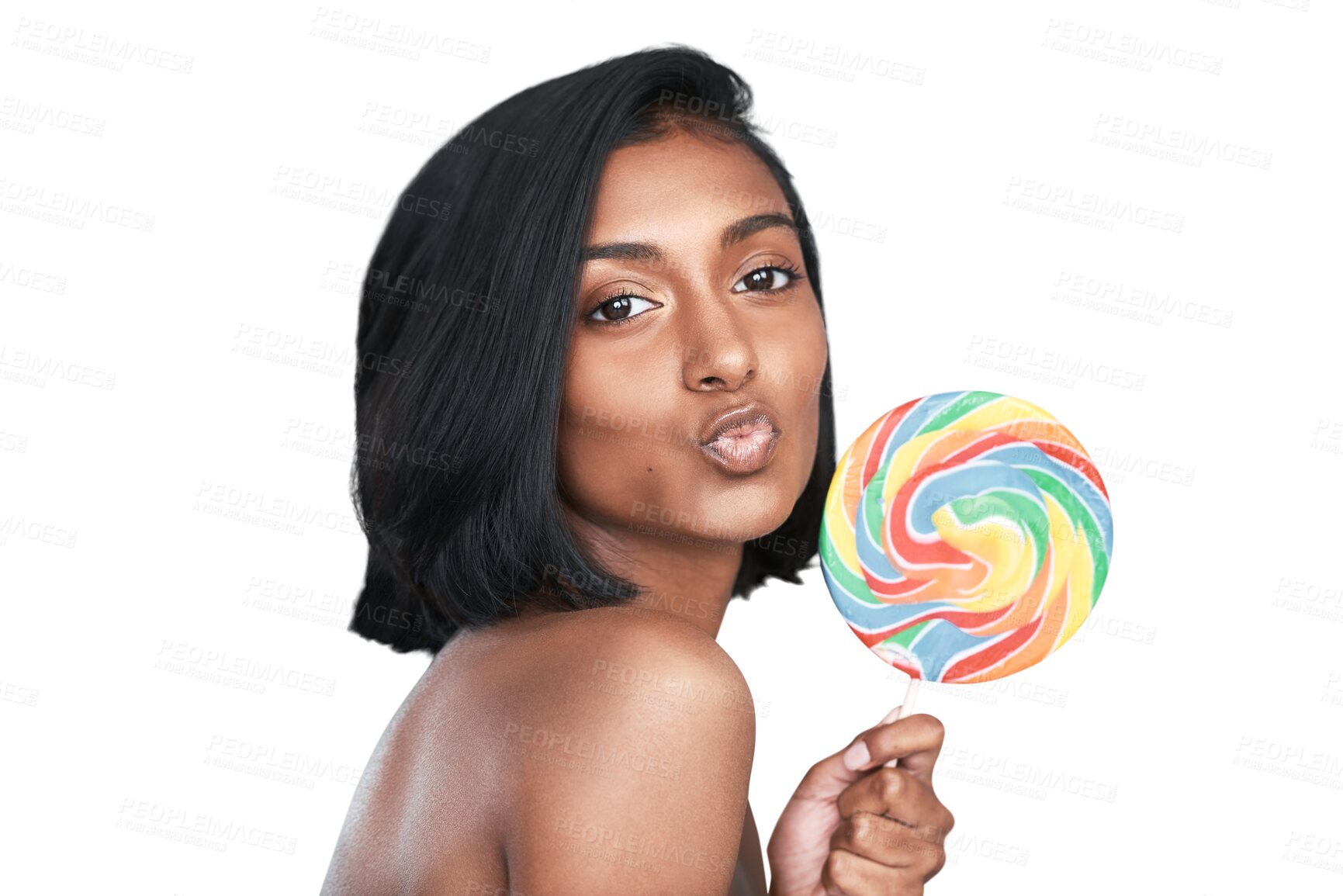 Buy stock photo Happy woman, portrait and kiss with rainbow lollipop or sweet candy isolated on a transparent PNG background. Face of Indian female person or model with colorful swirl, luxury treat or pop stick