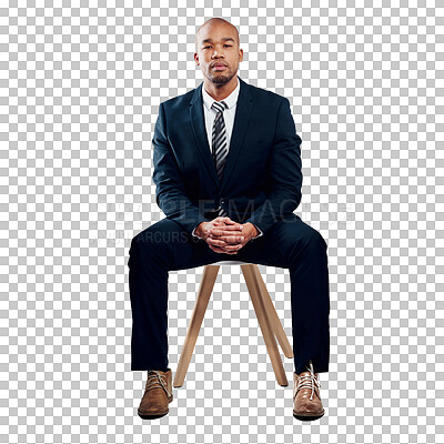 Buy stock photo Portrait of businessman with suit, chair and isolated on transparent png background for job at law firm. Relax, confidence and black man, lawyer or attorney with pride, business opportunity or career