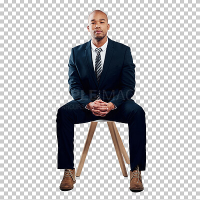 Buy stock photo Portrait, businessman and thinking on chair for future, idea or vision for recruitment, onboarding or hr. Black person, corporate and manager in serious face on isolated or transparent png background