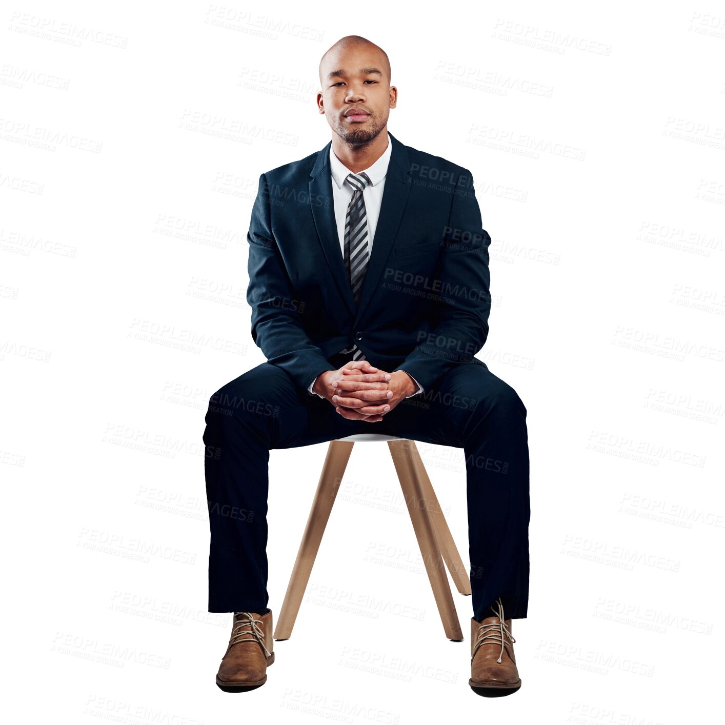 Buy stock photo Portrait, businessman and thinking on chair for future, idea or vision for recruitment, onboarding or hr. Black person, corporate and manager in serious face on isolated or transparent png background