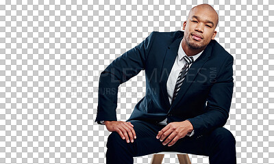 Buy stock photo Business, chair and portrait of black man with confidence on isolated, transparent or png background. Worker, face and young profession African lawyer with positive attitude, mindset or career goals