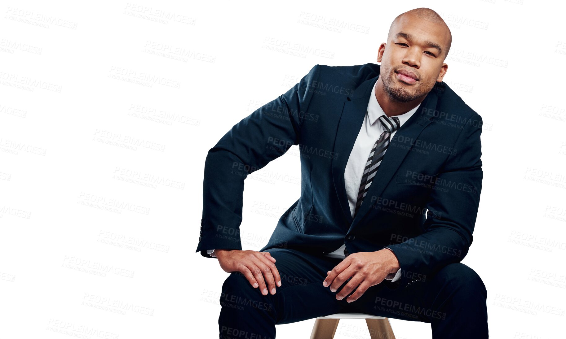 Buy stock photo Business, chair and portrait of black man with confidence on isolated, transparent or png background. Worker, face and young profession African lawyer with positive attitude, mindset or career goals