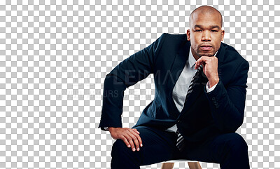Buy stock photo Business, portrait and black man on a chair with confidence on isolated, transparent or png background. Worker, face or young profession African lawyer with positive attitude, mindset or career goals