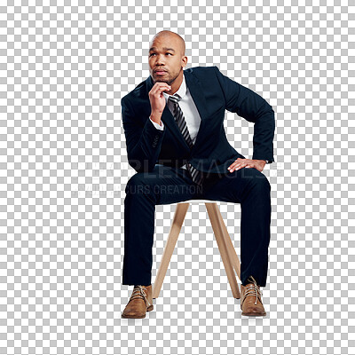 Buy stock photo Business man, decision and thinking and on chair for ideas, problem solving or remember why isolated on transparent png background. Serious worker, choice or planning solution to insight of questions