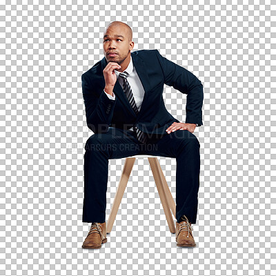 Buy stock photo Business man, ideas and thinking on chair for choice, problem solving and questions isolated on transparent png background. Serious worker, decision and planning solution, brainstorming and future