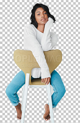 Buy stock photo Woman, fashion and portrait in chair, female model and confident on isolated transparent png background. Denim jeans, beauty and young with trendy outfit, stylish and contemporary clothes 
