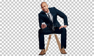 Buy stock photo Business man, portrait and smartphone on chair for typing, social network and mobile chat isolated on transparent png background. Happy worker scroll on phone, news app and search digital information