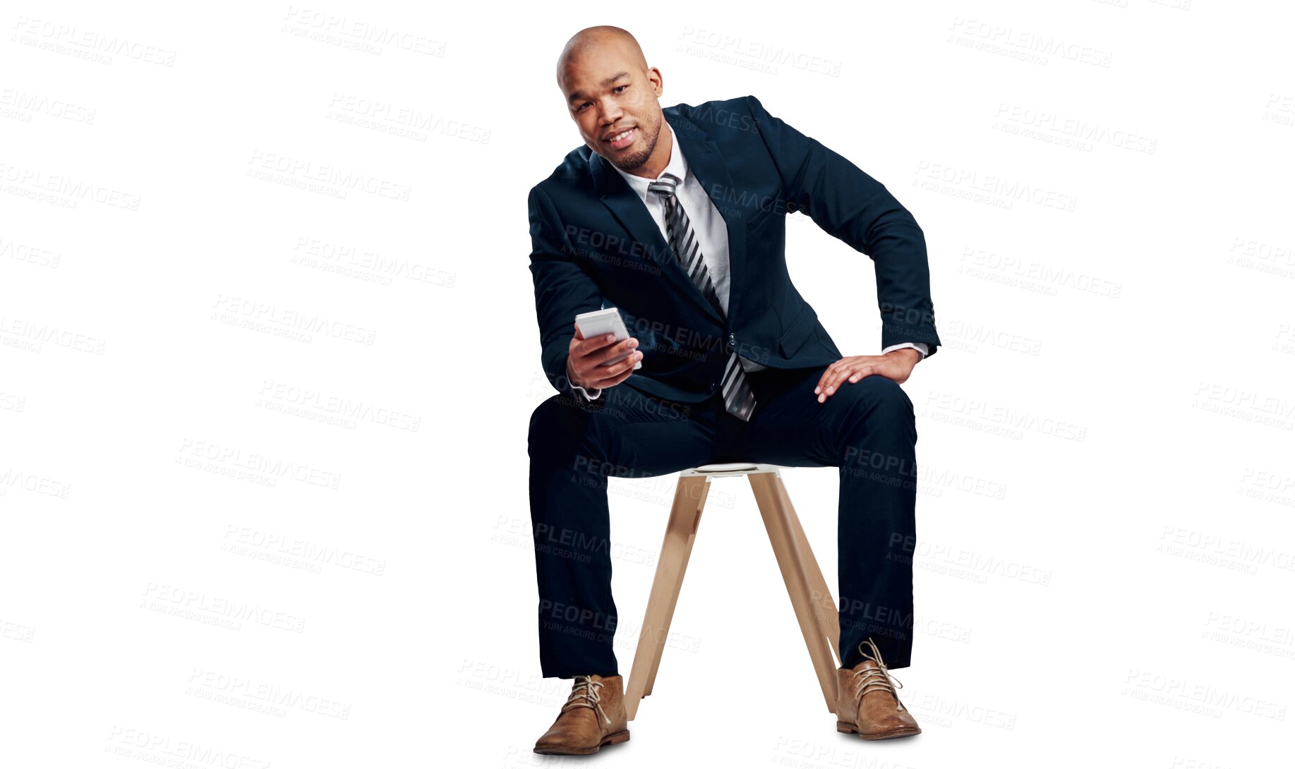 Buy stock photo Business man, portrait and smartphone on chair for typing, social network and mobile chat isolated on transparent png background. Happy worker scroll on phone, news app and search digital information
