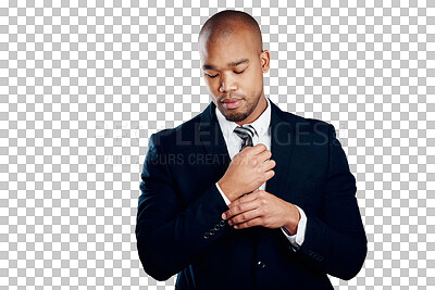 Buy stock photo Fixing sleeve, business and black man with a suit, employee and consultant isolated on transparent background. African person, agent and entrepreneur with professional fashion, corporate and png
