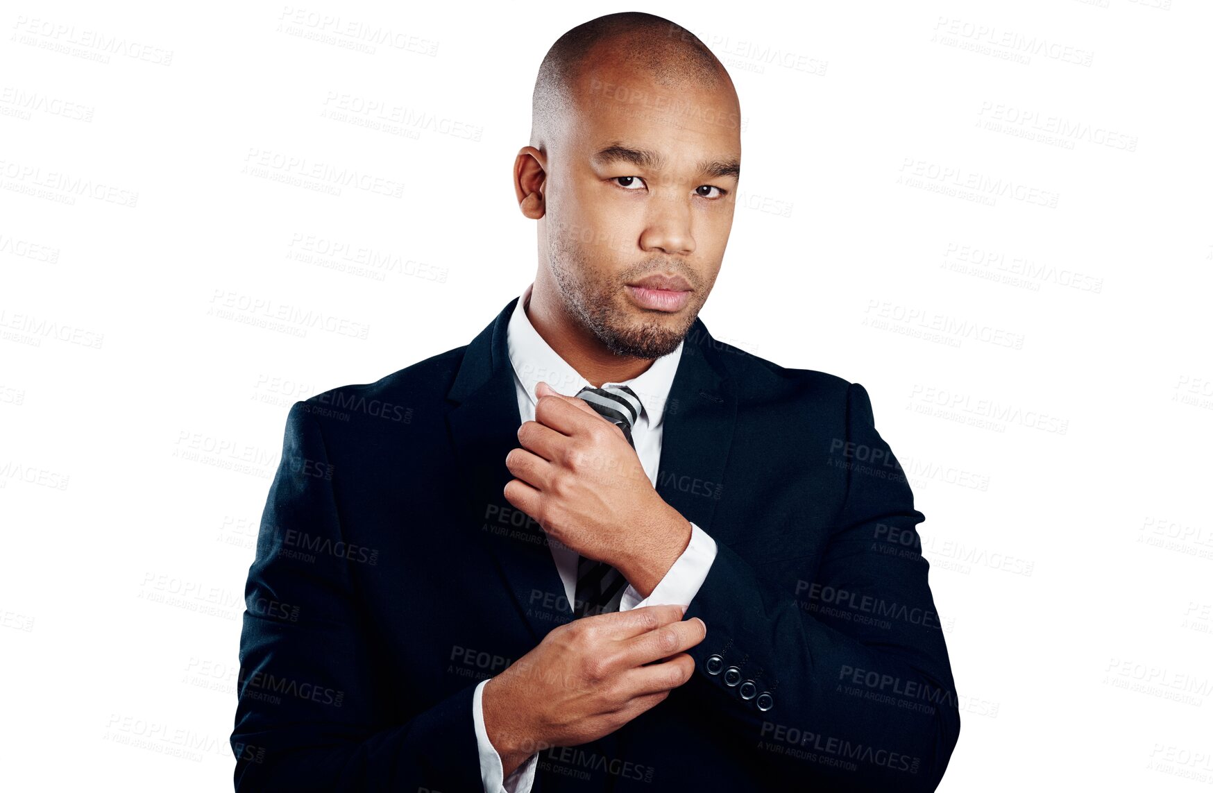 Buy stock photo Portrait, business man fix sleeve and entrepreneur isolated on a transparent png background. Face, serious professional fasten button and suit, formal style and event, work preparation and fashion