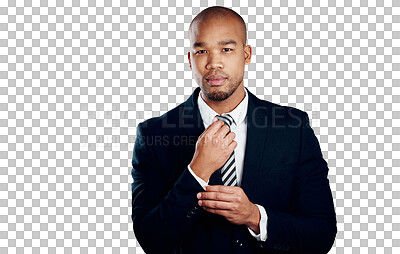 Buy stock photo Portrait, business man correct cufflink and entrepreneur isolated on transparent png background. Face, serious professional fasten button or consultant in suit, formal style and work event or fashion