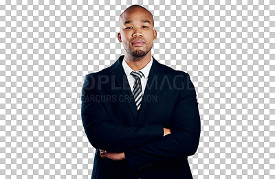 Buy stock photo Portrait, serious and business man with arms crossed isolated on a transparent png background. Face, pride and professional entrepreneur, confident worker and employee or consultant in suit in Brazil