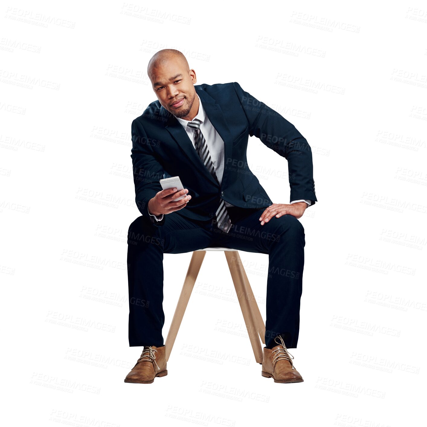 Buy stock photo Business man, portrait and phone on chair for typing, social network or mobile chat isolated on transparent png background. Corporate worker, cellphone and search digital news, contact or information