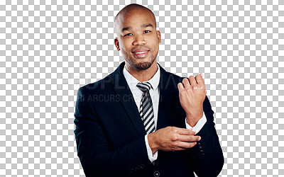 Buy stock photo Portrait, business man fasten sleeve and happy entrepreneur isolated on a transparent png background. Face, professional fixing button and suit, formal style and fashion, work preparation and event