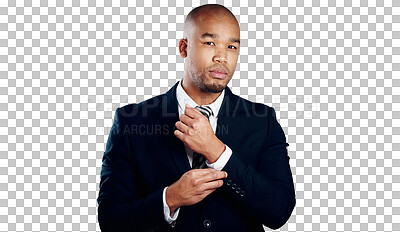Buy stock photo Portrait, business man fix button and entrepreneur isolated on a transparent png background. Face, serious professional fasten sleeve and suit, formal style and event, work and fashion in Brazil