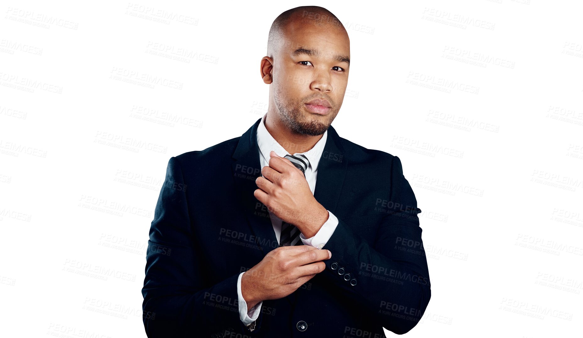 Buy stock photo Portrait, business man fix button and entrepreneur isolated on a transparent png background. Face, serious professional fasten sleeve and suit, formal style and event, work and fashion in Brazil