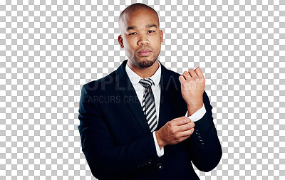 Buy stock photo Portrait, business man fix sleeve and serious entrepreneur isolated on a transparent png background. Face, professional fasten button and suit, formal style and event, work preparation and fashion