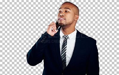 Buy stock photo Businessman, thinking and phone call for discussion, listen or communication by cellular network. Black person, corporate and consult by online, app or web on isolated or transparent png background