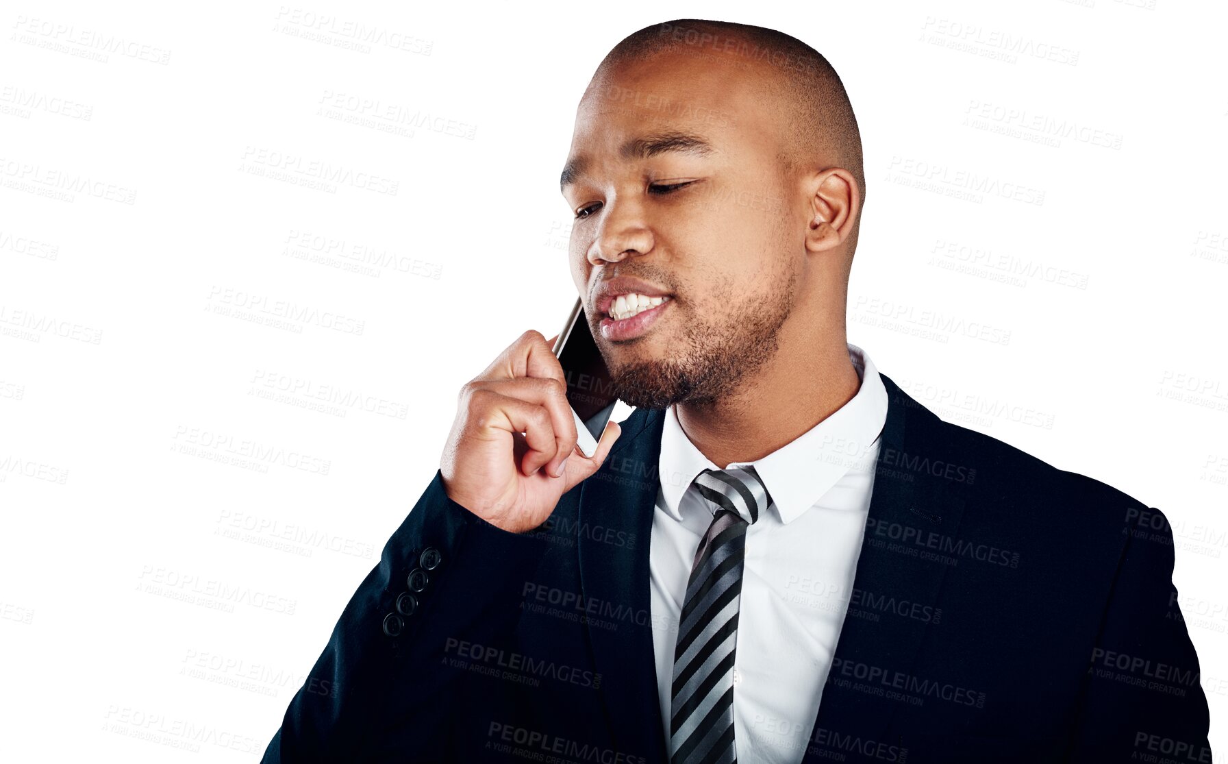 Buy stock photo Face, businessman and thinking with phone call for communication by cellular, network or connection for talking. Black person, corporate or consult by mobile on isolated or transparent png background