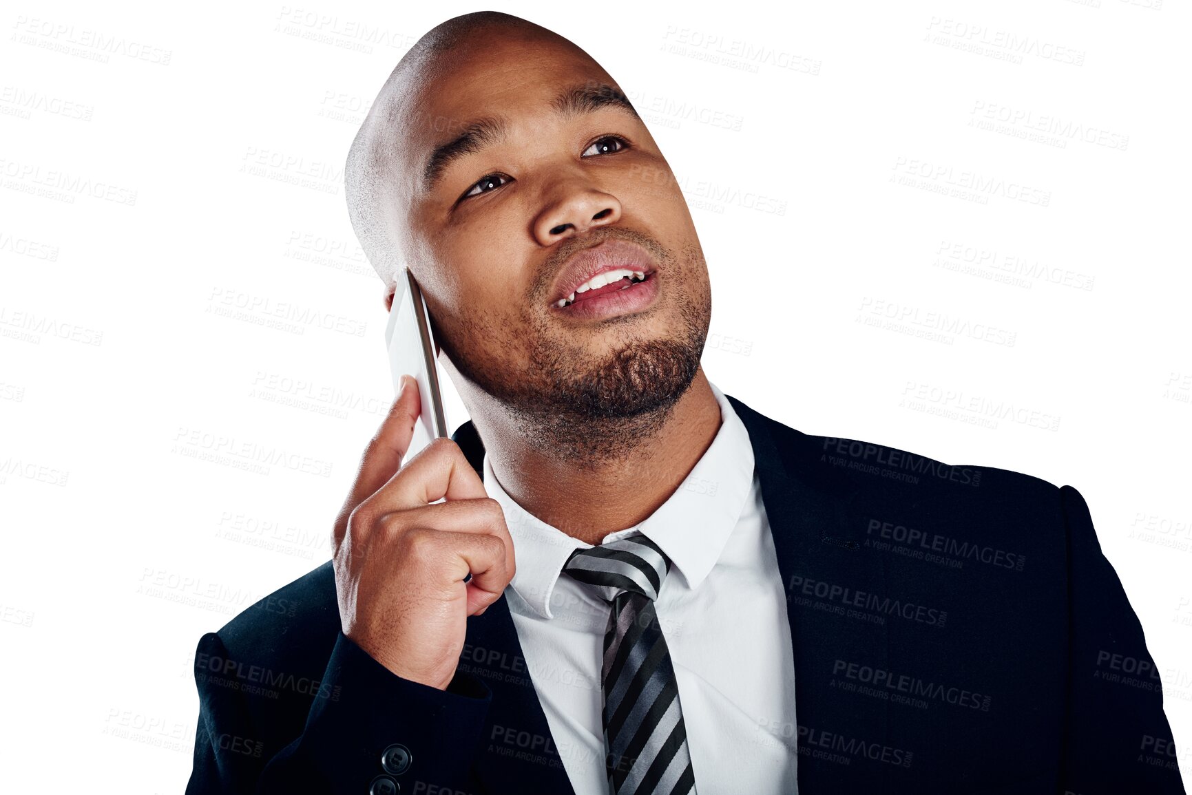 Buy stock photo Business man, phone call and thinking of communication, corporate deal and contact isolated on transparent png background. Worker, consulting and mobile feedback of chat, conversation and negotiation