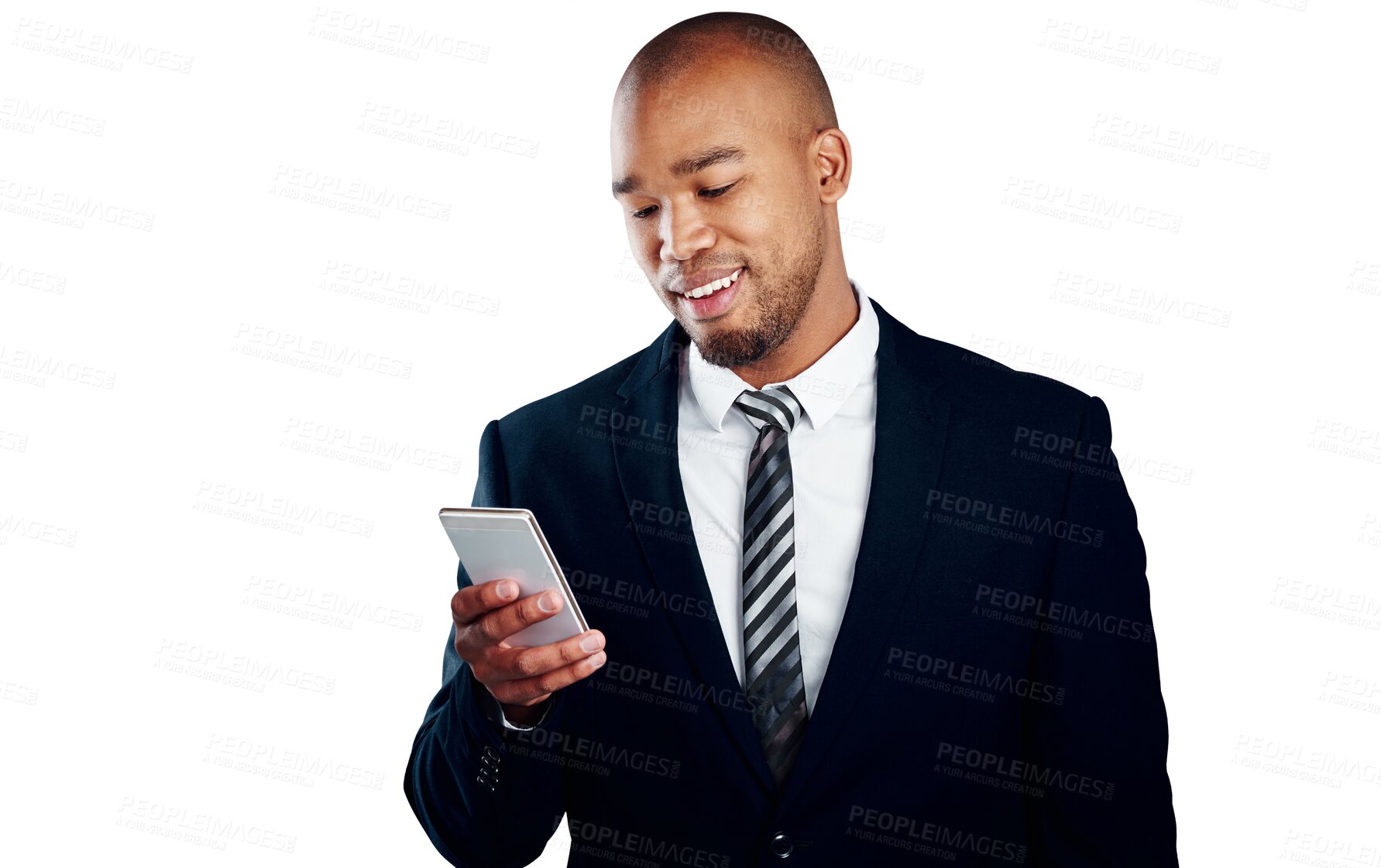 Buy stock photo Businessman, smiling and smartphone for text, email or message for communication by cellular network. Black person, internet and mobile app for social media on isolated or transparent png background
