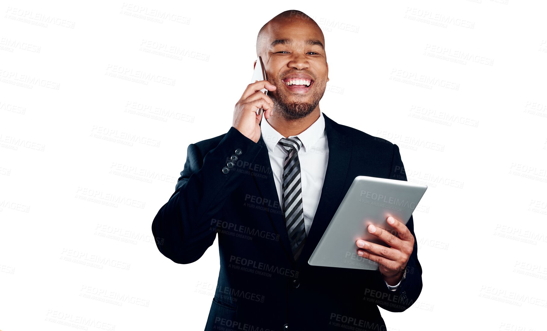 Buy stock photo Businessman, laugh and phone call with tablet for social media, information or reading report. Black person, consultation and funny joke by technology on app on isolated or transparent png background