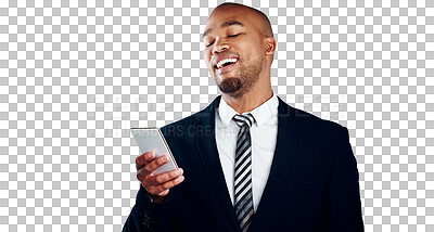 Buy stock photo Businessman, smartphone and social media with laugh for funny joke, meme or post on internet. Black person, corporate and consultant with app, network or web on isolated or transparent png background