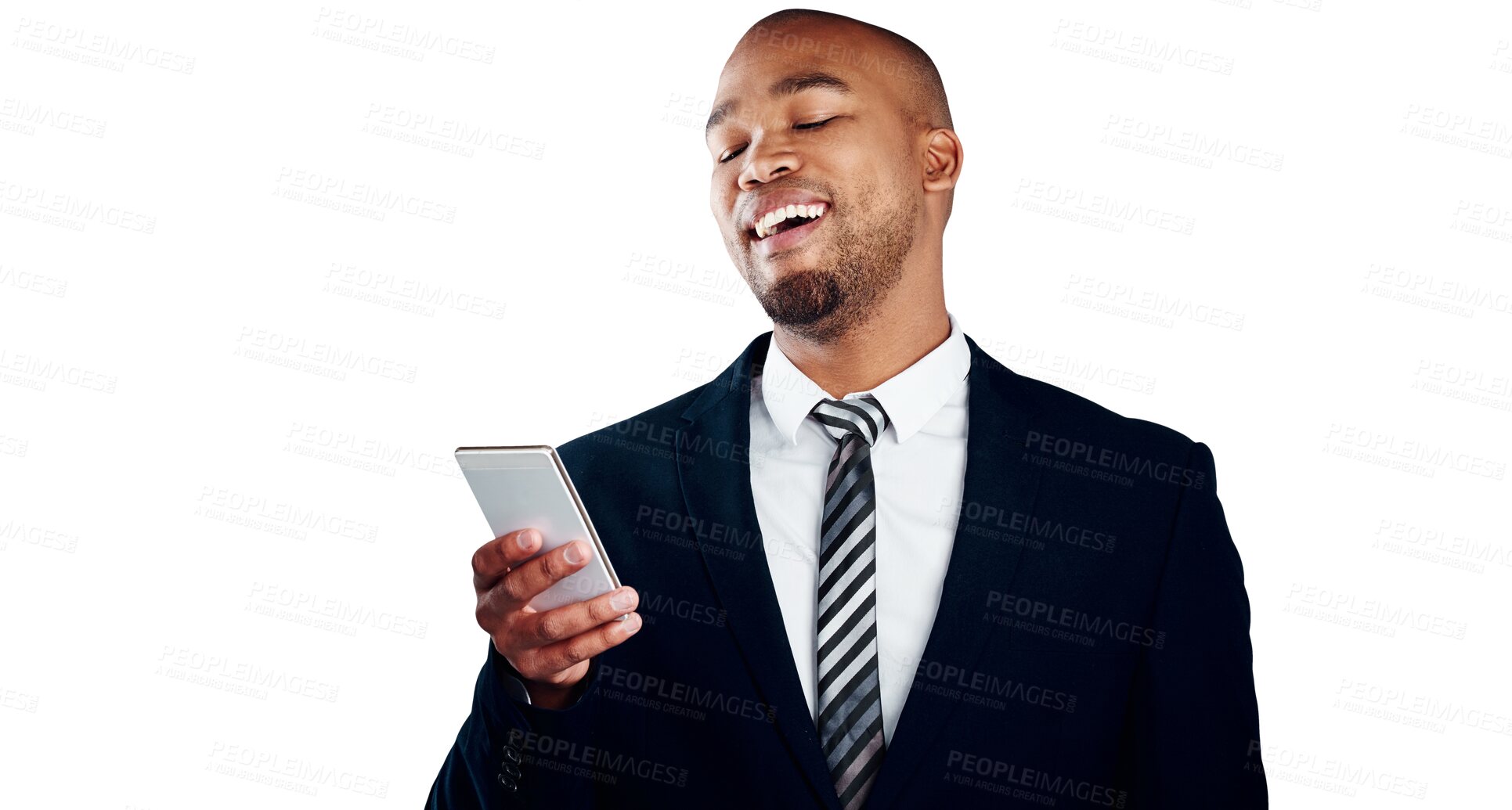 Buy stock photo Businessman, smartphone and social media with laugh for funny joke, meme or post on internet. Black person, corporate and consultant with app, network or web on isolated or transparent png background