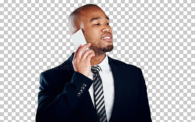 Buy stock photo Businessman, thinking and phone call for communication, discussion and listen by cellular, network or connection. Black person, consultant and mobile app on isolated or transparent png background