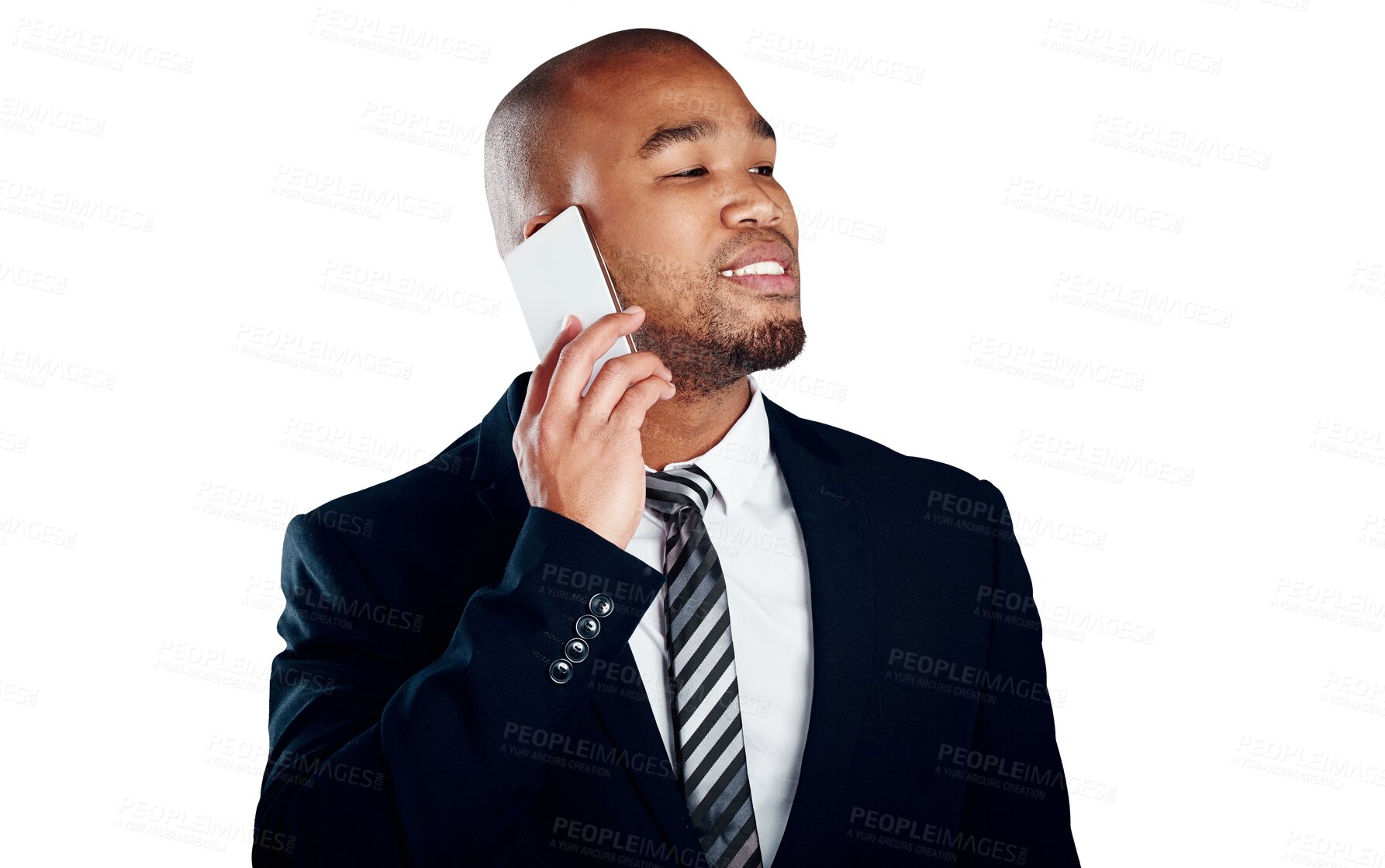 Buy stock photo Businessman, thinking and phone call for communication, discussion and listen by cellular, network or connection. Black person, consultant and mobile app on isolated or transparent png background