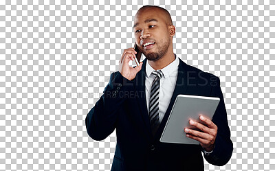 Buy stock photo Businessman with phone, tablet and discussion isolated on transparent png background with legal advice. Networking, digital app and black man lawyer with online business, smartphone and conversation.