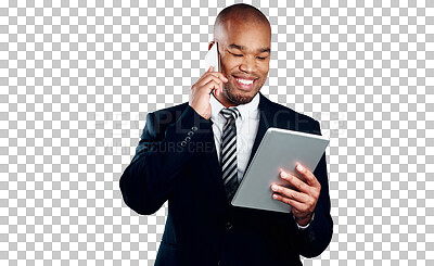 Buy stock photo Businessman, smile and phone call with tablet for research, information or feedback report. African person, consultation and happy with technology by reading on isolated or transparent png background