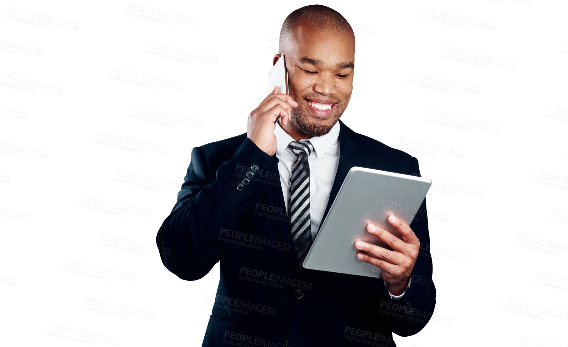 Buy stock photo Businessman, smile and phone call with tablet for research, information or feedback report. African person, consultation and happy with technology by reading on isolated or transparent png background