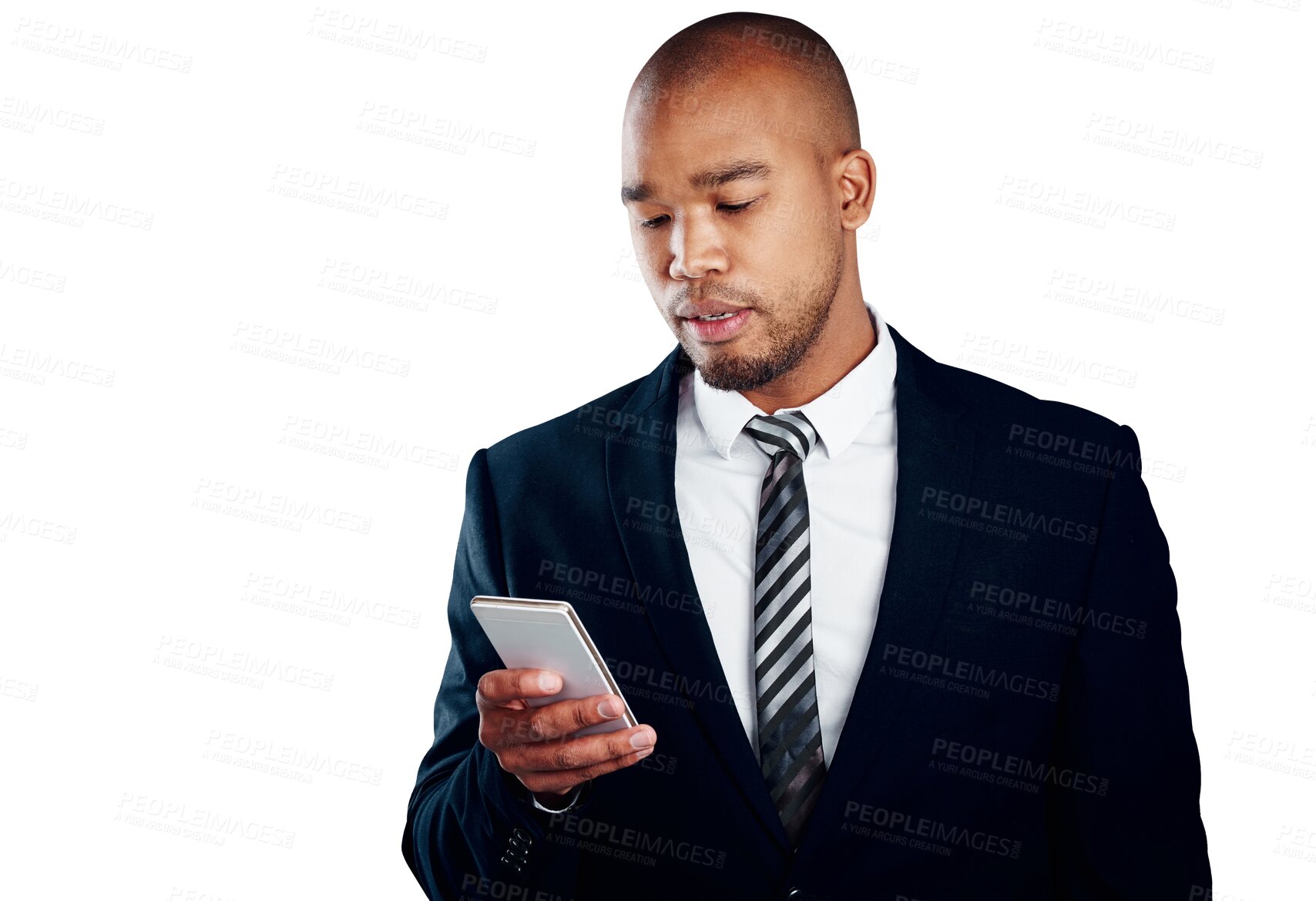Buy stock photo Businessman, reading and smartphone for text, email or message for communication by cellular network. Black person, consultant and mobile app for article on isolated or transparent png background