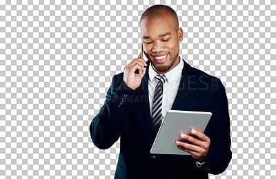 Buy stock photo Businessman, smile and phone call with tablet for information, consumer metrics or feedback report. African person, consultation and technology for research on isolated or transparent png background