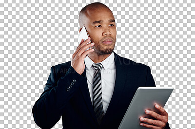 Buy stock photo Businessman with phone call, tablet and communication isolated on transparent png background at law firm. Networking, digital app and black man lawyer with online business, smartphone or discussion.