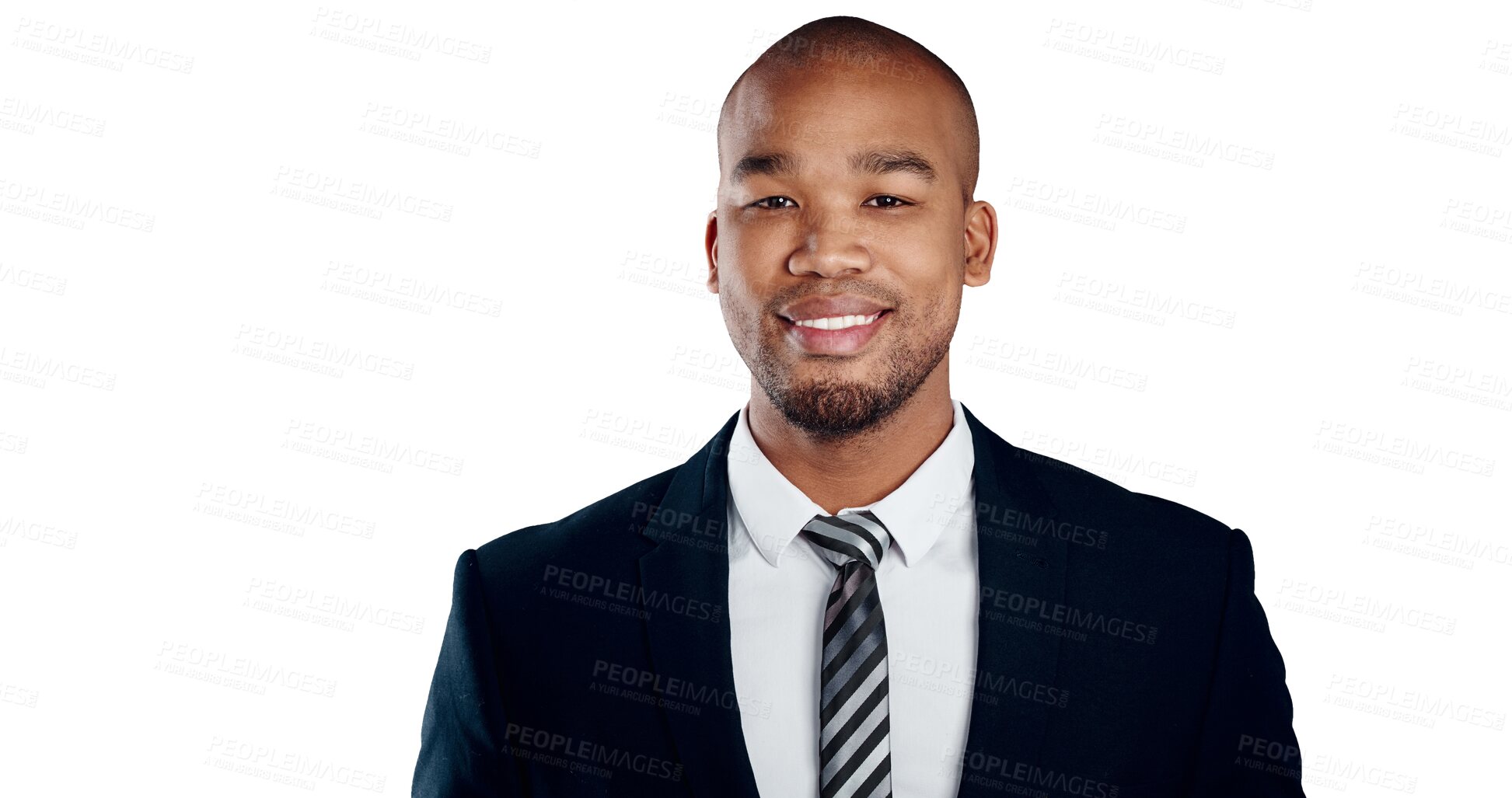 Buy stock photo Portrait of businessman with smile, pride and isolated on transparent png background for job at law firm. Face, confidence and happy black man, lawyer or attorney with business, opportunity or career