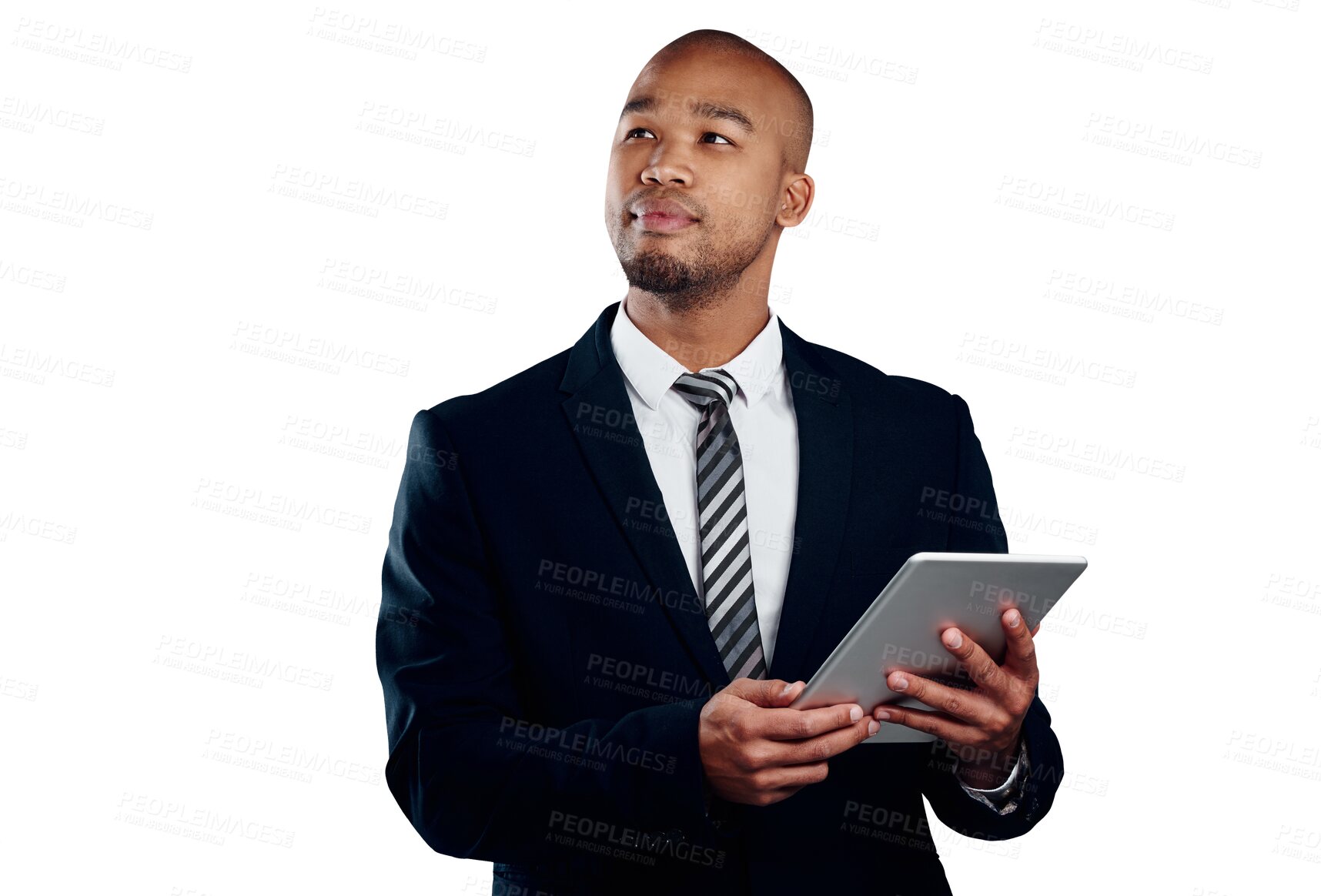 Buy stock photo Businessman with tablet, online and thinking isolated on transparent png background for law firm. Networking, digital app and black man, lawyer or attorney with business idea, website or research.