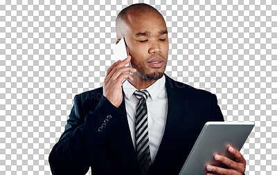 Buy stock photo Businessman with phone call, tablet and communication isolated on transparent png background for legal advice. Networking, digital app or black man lawyer in online business, smartphone or discussion
