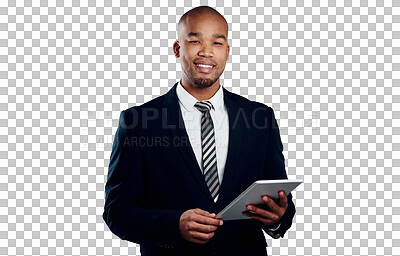 Buy stock photo Businessman with tablet, online and portrait isolated on transparent png background for law firm email. Networking, digital app and happy black man, lawyer or attorney with business, web or research