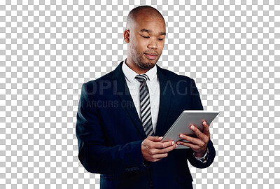 Buy stock photo Businessman with tablet, reading online and isolated on transparent png background for law firm email. Networking, digital app and black man, lawyer or attorney with business, website or research.