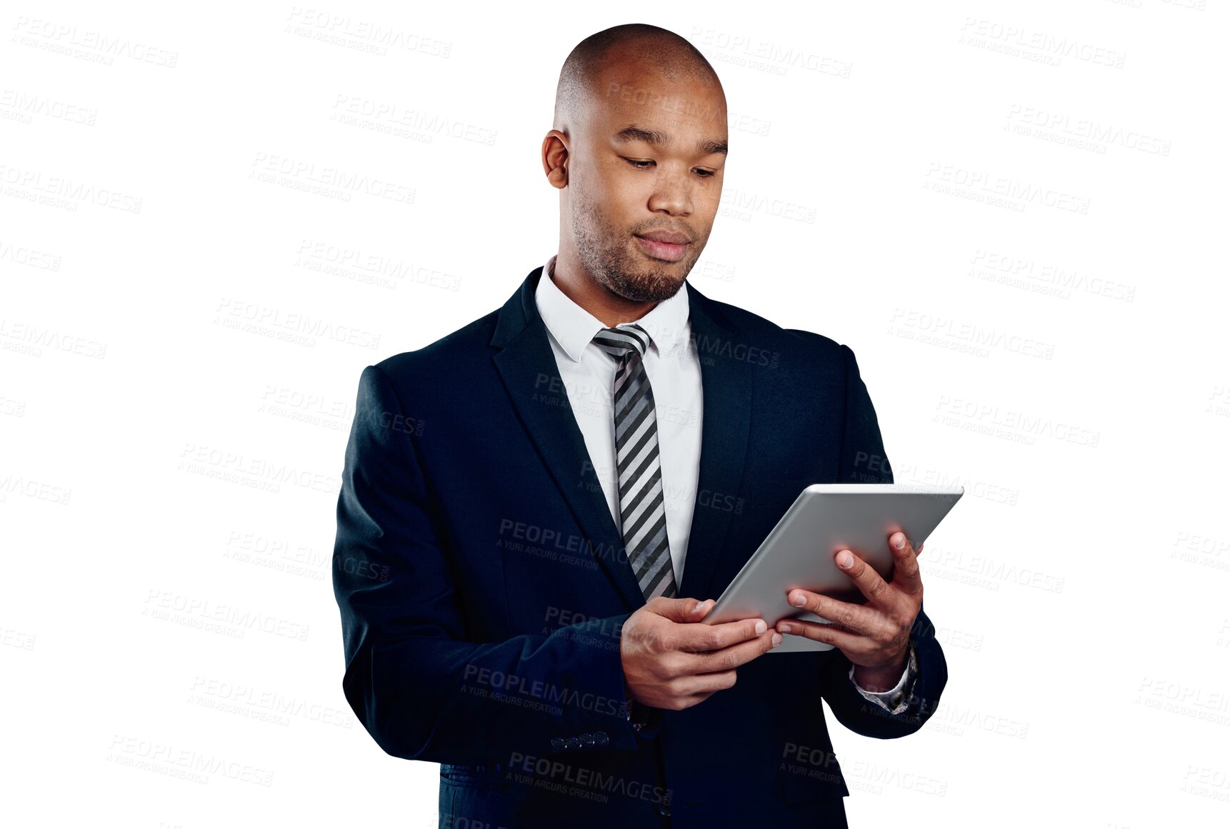 Buy stock photo Businessman with tablet, reading online and isolated on transparent png background for law firm email. Networking, digital app and black man, lawyer or attorney with business, website or research.