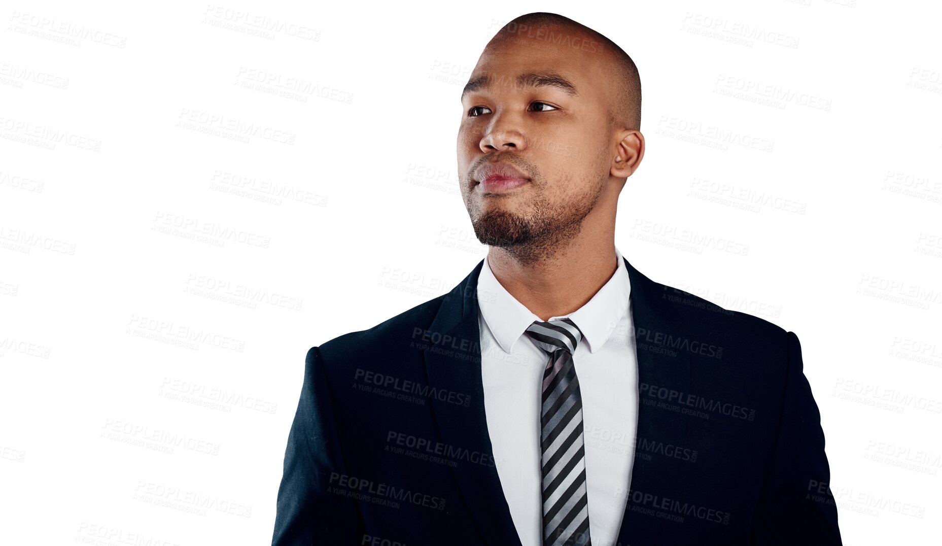 Buy stock photo Fashion, suit and business man with thinking on isolated, transparent or png background. Corporate, style and face of male young African entrepreneur with questions, memory or brainstorming moment