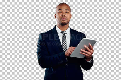Buy stock photo Businessman with suit, tablet and portrait isolated on transparent png background for law firm email. Networking, digital app and black man, lawyer or attorney with online business, website or search